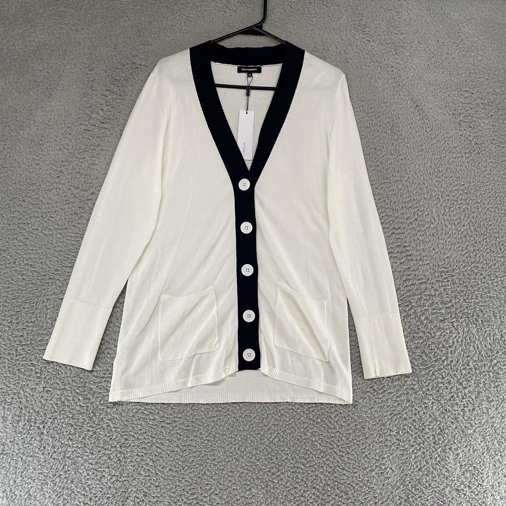 525 America Cardigan Sweater Womens M White V Neck Button Old Money Tennis